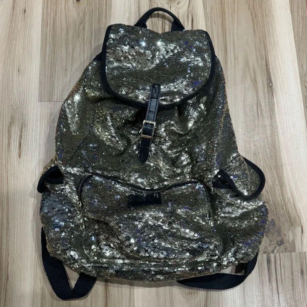 Victoria’s Secret PINK Gold Sequin Drawstring Backpack Large